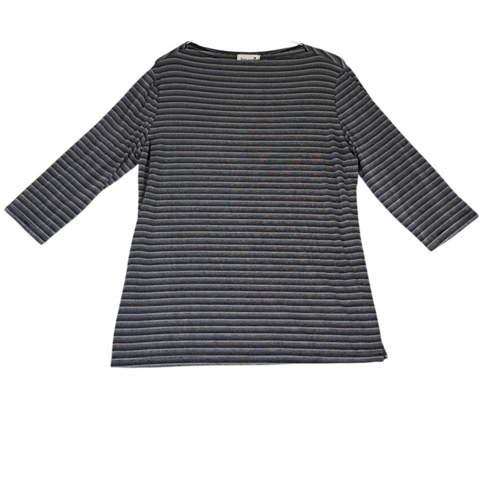 Imagio Womens Large Striped Boat Neck 3/4 Sleeve Knit Top Black Grey Made in USA